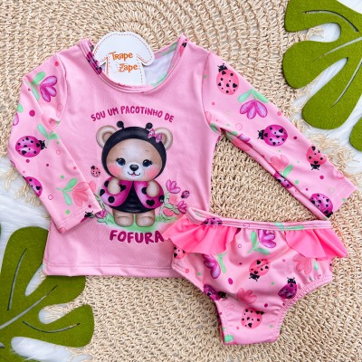 Linha Praia - Blusa com Proteção UV50+ Sou Pacotinho de Fofura e Calcinha - Rose